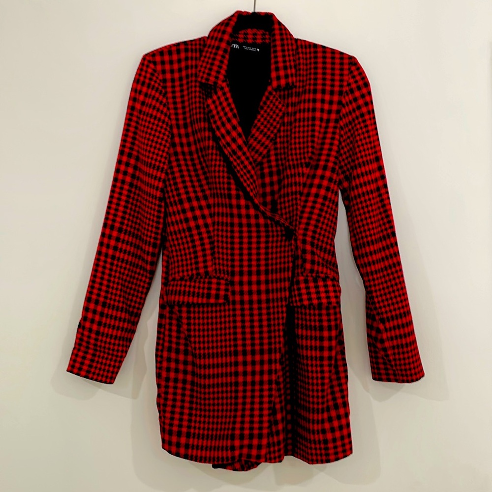 Red and black houndstooth short, suit romper